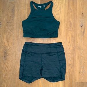 Matching Outdoor Voices crop tank and shorts set in Evergreen
